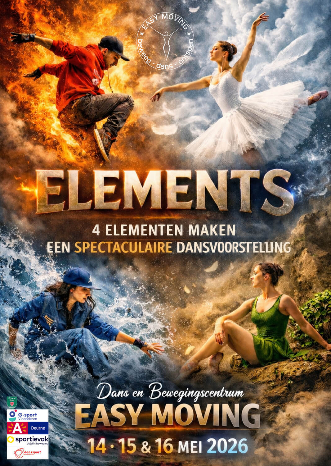 Affiche van de show ELEMENTS met dansers van Easy Moving in beweging