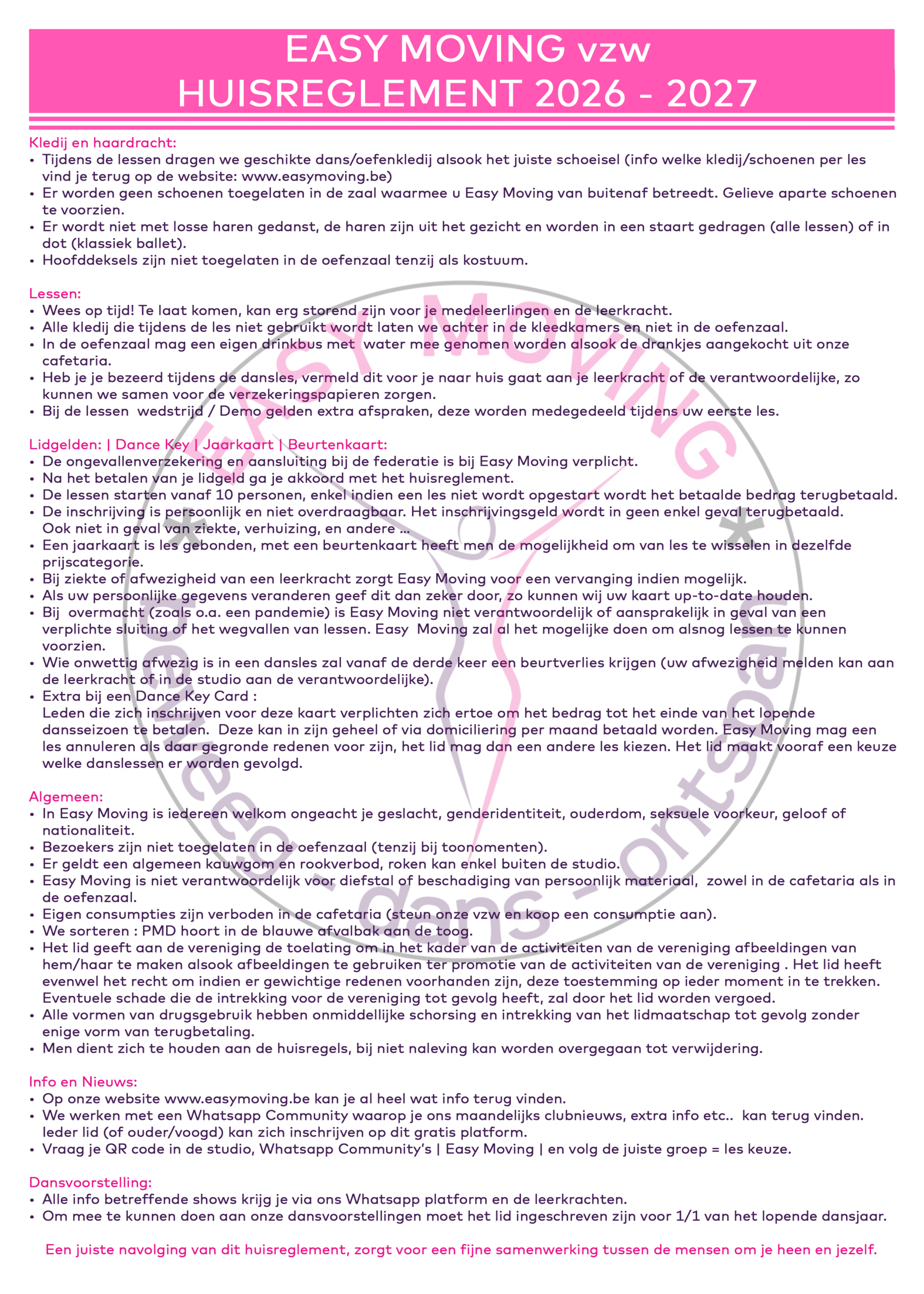 Huisreglement 2026 – 2027 van Easy Moving, bewegingsstudio en danstheater in Deurne